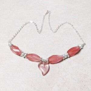 Lovely Salmon Pink Color + Silver! Sexy Cherry Quartz Heart Choker Necklace 19"